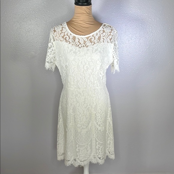 NWT feminine bridal graduation White lace overlay short sleeve mini dress sz L - Picture 2 of 11